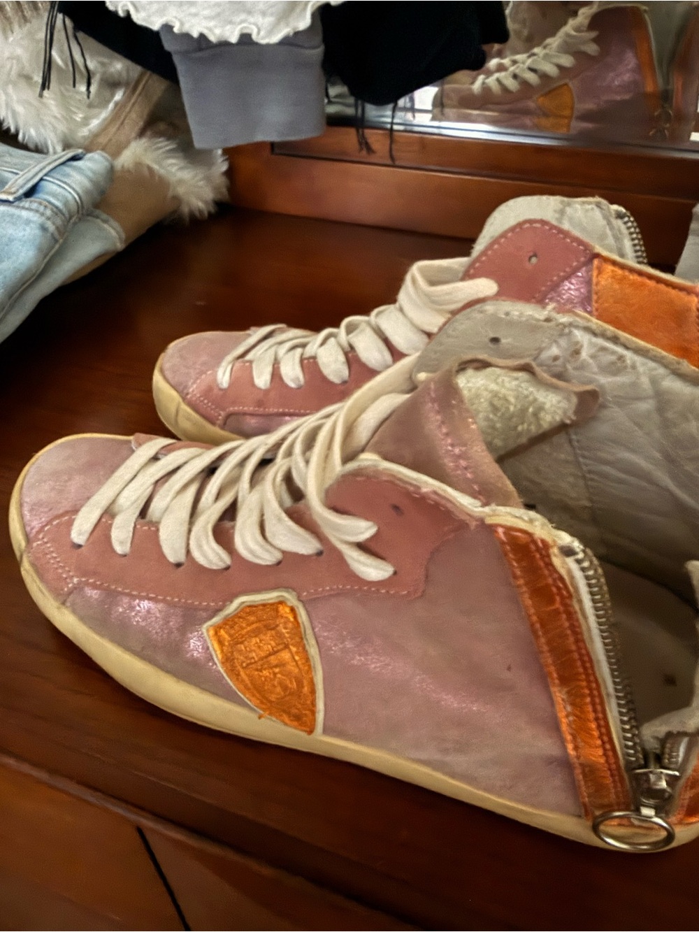 Golden Goose Pink High-Top Sneakers with Metallic Orange Details
